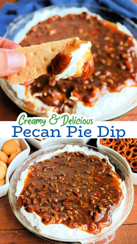 This decadent pecan pie dip features a fluffy sweet cream cheese layer topped with a gooey pecan pie filling layer. The combination is fabulous with graham crackers, pretzels, apple slices, and more. All Recipes Pecan Pie Dip, Cream Cheese Pecan Pie Dip, Pecan Pie Cream Cheese Dip, Pecan Cream Cheese Dip, Pecan Pie Cheesecake Dip, Pecan Dip Cream Cheese, No Bake Pecan Pie Dip, Pecan Pie Dip Recipe, Pecan Pie Dip