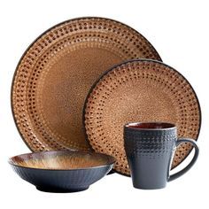 PRICES MAY VARY. DINNERWARE SET FOR 4: This 16-piece dinnerware set, service for four, includes 4 each of: 11-1/2 inch dinner plate, 8-1/2 inch Salad plate, 7-1/2 inch bowl and 12-ounce mug BEAUTIFUL DETAILS AND DESIGN: Embossed beadwork is highlighted in earth tones of browns and reds that bring a natural and sophisticated look and feel to your table DURABLE AND HIGH QUALITY: Made from high quality stoneware for long lasting beauty and durability VERSATILE DINNERWARE DESIGN: The beautifully det Brown Dinnerware, Rustic Dinnerware, Stoneware Dinnerware Sets, Stoneware Dinnerware, Salad Plate, Dinnerware Set, Dinnerware Sets, Dinner Plate, Earth Tones