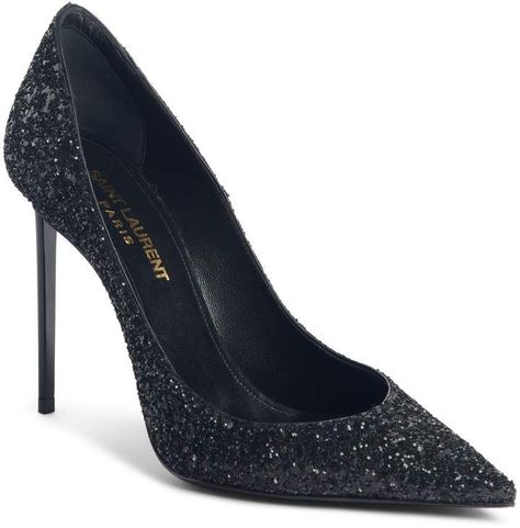 Saint Laurent Zoe Glitter Pump in black | holiday party worthy designer shoes for petite women with small feet, available down to a us size 4 or 34 eu | A dangerous-looking stiletto heel and a provocatively plunging topline define a signature pointy-toe pump awash in shimmering midnight glitter | affiliate link | Nordstrom Shoes For Petite Women, Royal Shoes, Saint Laurent Heels, Prom 2024, Nye Outfits, Glitter Pumps, Sparkly Heels, Womens Golf Shoes, Women Shoes Online