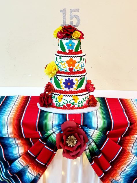 Quince Cakes Mexican Theme, Mexican Cake Quinceanera, Mexican Quinceanera Cake, Mexican Theme Quinceanera Cake, Mexican Fiesta Quinceanera, Mexican Quince Cake, Mexican Quinceanera Table Decorations, Table Decorations Mexican Theme, Loteria Quinceanera Theme