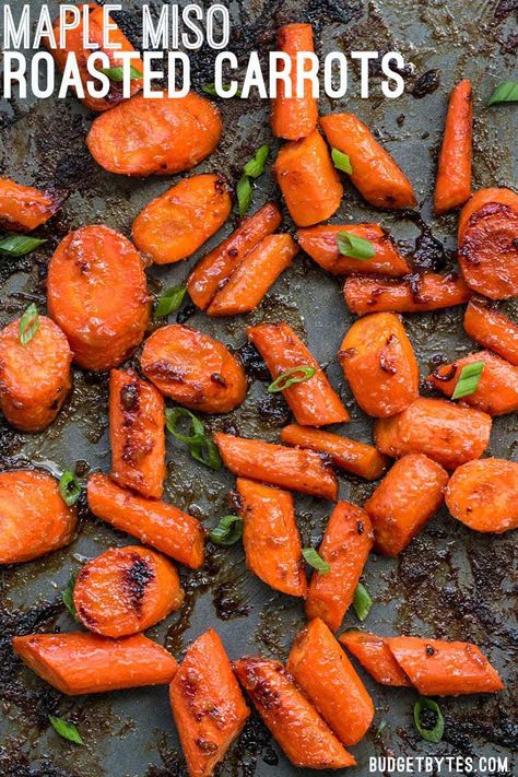 These Maple Miso Roasted Carrots are sweet, savory, and rich, and make a great side dish to any Asian inspired meal. BudgetBytes.com Asian Carrots, Carrots Side Dish, Roasted Carrots Recipe, Traditional Thanksgiving Menu, Food Stamps, Asian Inspired Recipes, Red Food, Roasted Carrots, Recipe For Mom