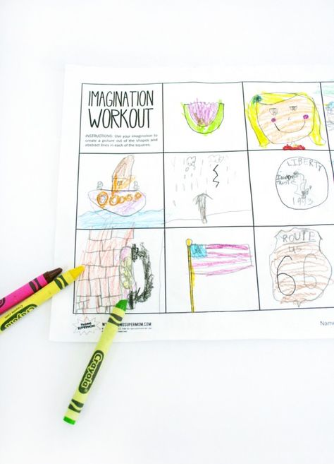 Imagination Workout Free Printable Art Worksheet.  This is SO cute, and zero prep.  Great for a Friday afternoon, or a supply! Art Projects For Substitute Teachers, Imagination Workout Drawing, Art Sub Plans Elementary, Substitute Art Lesson Plans, Elementary Art Sub Plans, Easy Art Lessons For Substitute Teachers, Art Worksheets Printables, Art Sub Lessons, Art Sub Plans