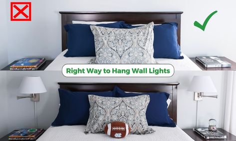 Wall Hanging Bedside Lights, Where To Place Sconces In Bedroom, Sconces Master Bed, Wall Sconces Bedroom Placement, Nightstand Wall Lights, Bedroom Wall Lights Above Bed Mounted, How To Hang Sconces In Bedroom, Wall Light Above Bed, Where To Hang Sconces