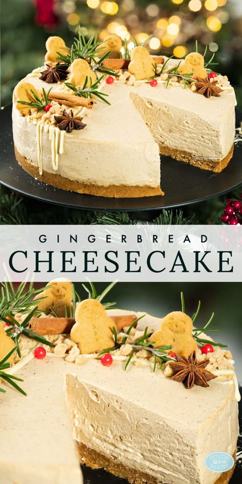 Gingerbread cheesecake. A no bake Christmas cheesecake with a ginger biscuit base and warmly spiced gingerbread cheesecake filling. This no bake cheesecake will have everyone coming back for seconds! Recipe by movers and bakers Xmas Baking Recipes, Ginger Cheesecake Recipe, Gingerbread Dessert Recipes, Holiday Cheesecake Recipes, Home Baking Recipes, Best Cheesecake Recipe, Christmas Cheesecake Recipes, Christmas Party Foods, Cheesecake Fudge