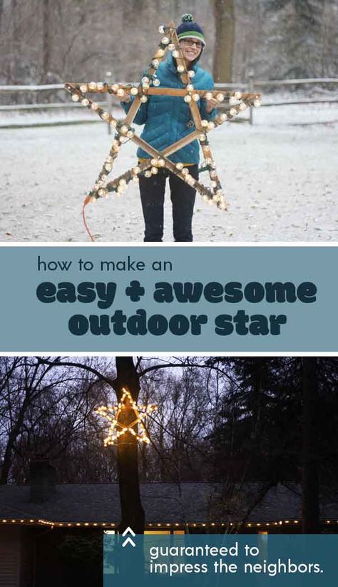 How to make a large outdoor star to hang in a tree. This project uses pieces of scrap trim, bolts, and string LED lights. Christmas Star Decorations Outdoor, Christmas Star Outdoor, Diy Large Outdoor Christmas Decorations, Diy Christmas Star Outdoor, Diy Star Of Bethlehem Outdoor, Large Outdoor Christmas Star Diy, Christmas Outdoor Star Lights, Outdoor Star Christmas Lights, Nativity Star