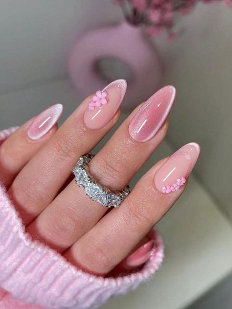 Baby Pink  Collar    Handmade Nails Embellished   Nail,Hand & Foot Care Cute Holographic Nails, Pink Rose Acrylic Nails, Light Pink Korean Nails, Medium Coffin Nails Summer, Cute Korean Nails Almond, Nails Design Trending, Pale Pink Cat Eye Nails, Pink Sakura Nails, Nail Designs Iridescent