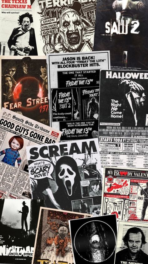 horror wallpaper (credit to the people that made the posters) Scream Poster Wallpaper, Slasher Film Wallpaper, Halloween Horror Backgrounds, Horror Movies Background, Friday The 13 Wallpaper, Horror Movie Iphone Wallpaper, Horror Wallpapers Aesthetic, Wallpapers Horror Movies, Horror Characters Background