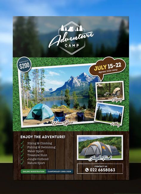 Camping Adventure Flyer Design Camping Advertising, Adventure Advertising, Camp Brochure Design, Camping Banner, Camping Brochure Design, Camping Flyer Design, Summer Camp Pamphlet Design, Travel Advertising Design, Travel Brochure Design