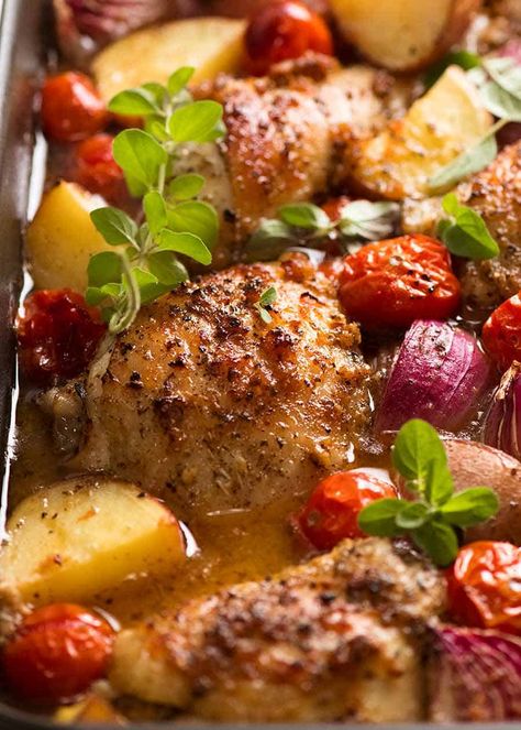 Mediterranean Baked Chicken Dinner | RecipeTin Eats Mediterranean Diet Hamburger Recipe, Minimal Dinner Ideas, Casserole With Fresh Tomatoes, Recipe Tin Eats Chicken, Mediterranean Diet Recipes Dinners Chicken, Chicken Tight Recipe Easy Healthy, Meditterean Chicken Recipes, Elegant Dinner Ideas, Oven Baked Chicken And Potatoes