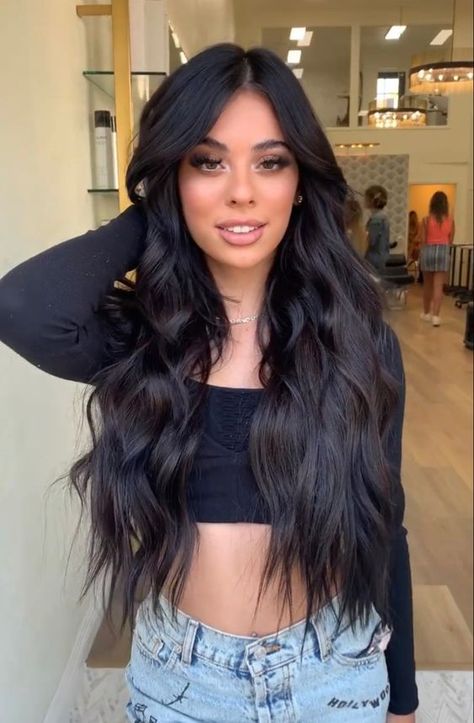 Long Brown Hair Middle Part, Long Black Hair Extensions Styles, Long Black Extensions Hairstyles, Long Beach Waves Black Hair, Long Dark Hair With Extensions, Black Long Extensions, Long Dark Brown Hair With Extensions, Long Black Hair With Dimension, Long Dark Hair Extensions