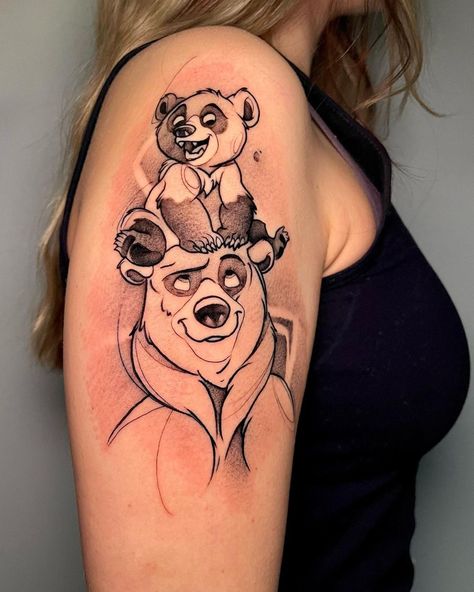 Brother Bear Tattoo, Disney Characters Tattoos, Boss Tattoo, Pop Culture Tattoos, Arm Tattoos For Guys Forearm, Mum Tattoo, Culture Tattoos, Tattoo Disney, Cool Half Sleeve Tattoos