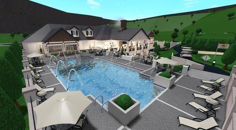 Bloxburg Community Pool, Sims 4 Community Pool Ideas, Bloxburg Pool Ideas, Country Club Layout, Sims 4 Pool Community Lot, Sims 4 Teen Hangout Lots, Modern Family House, Family Backyard, House Games