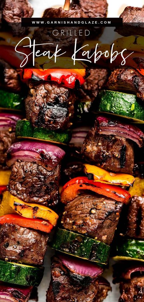 Steak Kabobs are an easy, healthy, and delicious entrée the whole family will love! Tender and juicy sirloin steak is marinated in a flavorful garlic marinade and threaded on skewers with crisp garden vegetables. #kabobs #grilledsteak #beeffoodrecipes | GarnishandGlaze.com Sandwiches Board, Steak Kabob Marinade, Kabob Marinade Recipes, Marinated Steak Kabobs, Sear Steak, Grilled Steak Kabobs, Kabob Marinade, Steak Skewers, Grilled Kabob Recipes