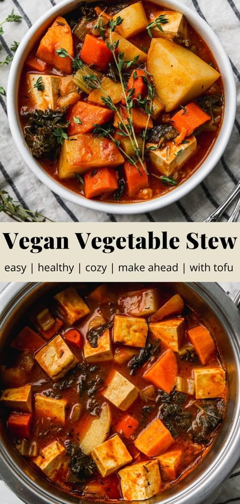 This vegan vegetable stew recipe is such a nourishing dinner to cozy up to on chilly nights. Made with 7 kinds of veggies (like carrots, potatoes, and kale), plus tofu for protein. It’s easy, healthy, and great for batch cooking! Healthy Turnip Recipes, Fall Stew Recipes Vegetarian, Vegan Veggie Stew, Crockpot Tofu Recipes, Stew Recipes Vegetarian, Winter Veggie Dishes, Tofu Sweet Potato Recipes, Potato Carrot Stew, Tofu Vegetable Soup