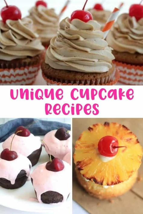 Cool Cupcake Frosting Designs, Unique Cupcake Recipes Creative, Weird Cupcake Flavors, Yummy Cupcake Flavors, Interesting Cupcake Recipes, Summer Cupcake Flavor Ideas, Cupcakes With Candy On Top, Filled Cupcake Recipes Easy, Cupcakes Recipes From Scratch