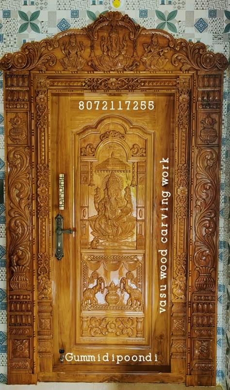 Main Door Design Entrance Indian God, Main Door Arch Design Indian, Main Door God Design Entrance Modern, Main Door Nilai Design, Simha Dwaram Door Designs, Chettinad Main Door Designs, Wood Carving Designs Front Doors, Teakwood Main Door Design India, Main Door Frame Design Entrance