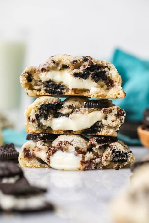 Gourmet Oreo Cookies, White Chocolate Reeses Cheesecake Cookie, Oreo Cheesecake Filled Cookies, Cookies And Cream Cheesecake Cookies, White Chocolate Reese Cheesecake Cookies, Cheesecake Oreo Cookies, Oreo Cheesecake Cookies Recipe, White Chocolate Reese’s Cheesecake Cookies, Oreo Cookies And Cream Cookies