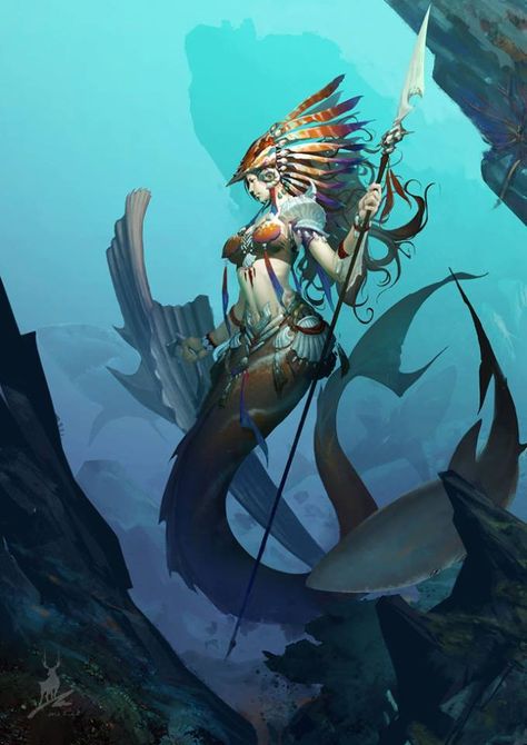 MERMAID. # 6307 Warrior Mermaid, Mermaid Warrior, Water Spirits, Mermaid Song, Mermaid Cosplay, Warrior Concept Art, Mermaid Images, Fantasy Mermaids, Samurai Artwork