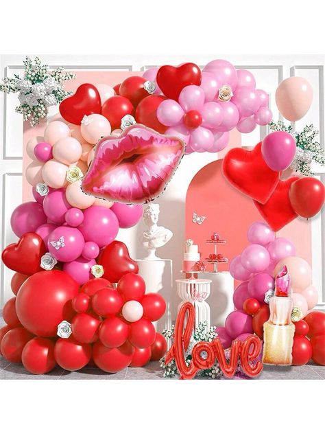 140pcs Red & Pink Lip Shaped Latex Balloons With Heart Shape Design, Suitable For Valentine'S Day, Wedding, Proposal And Other Festivals, Family Gatherings, Outdoor Scenes And Photo Props, Package Size 23*18*3cmI discovered amazing products on SHEIN.com, come check them out! Red Rose Love, I Love You Balloons, Pearl Balloons, Heart Shape Design, Silk Rose Petals, Galentines Party, Pastel Balloons, Heart Themed, Day Weddings