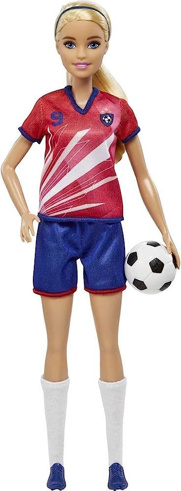 Barbie Soccer Doll, Blonde Ponytail, Colorful #9 Uniform, Soccer Ball, Cleats, Tall Socks, Great Sports-Inspired Gift for Ages 3 and Up : Amazon.co.uk: Toys & Games Barbie Careers, Popular Color Schemes, Barbie Ponytail, Accessoires Barbie, Blonde Ponytail, Tall Socks, Crop Hair, Soccer Uniforms, Number 9