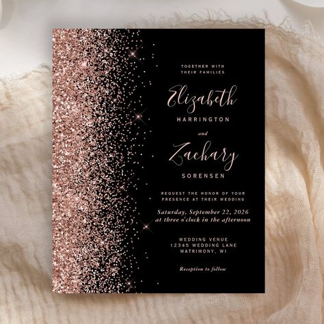 The left-hand edge of this elegant modern wedding invitation features a rose gold faux glitter border. The customizable text combines pale rose gold blush colored handwriting, copperplate and italic fonts on a black background. The reverse side features a matching black and rose gold design. Black Gray Rose Gold Wedding, Rose Gold White And Black Wedding, Pink And Black Wedding Decor, Rose Gold And Black Wedding Theme, Black And Rose Gold Wedding, Blush And Black Wedding, Rose Gold Wedding Theme, White And Rose Gold Wedding, Blush Pink And Black Wedding