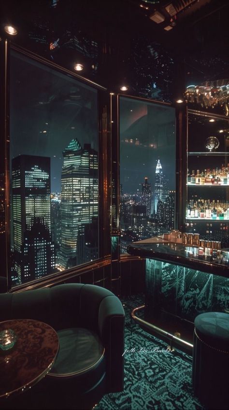 80s Nyc Apartment, 80s New York Apartment, 1980s Apartment, Forest Green Interior, Nyc 80s, Penthouse Bar, Penthouse Room, Penthouse Aesthetic, 80s Miami