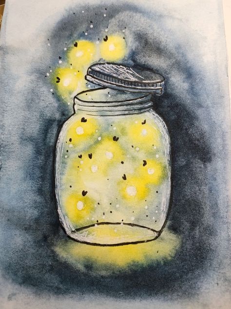 Jar With Fireflies Tattoo, Firefly Watercolor Paintings, Watercolor Fireflies, Watercolor Lightbulb, Firefly Watercolor, Watercolor Jar, Jar Of Fireflies, Firefly Drawing, Childhood Poem