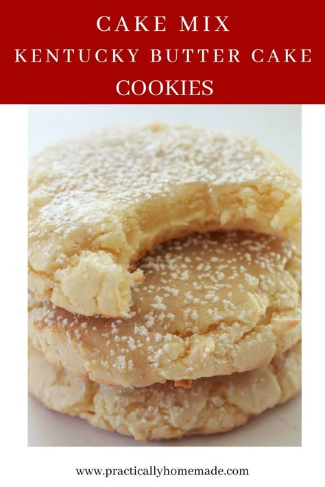 Everything you love about a decadent Kentucky Butter Cake but in a cookie.  Made with a cake mix, this Kentucky Butter Cake Cookie is not only delicious but super easy to make.  A great alternative to the traditional Kentucky Butter Cake, these cake mix cookies will be a family favorite.  #practicallyhomemade #cakemixkentuckybuttercakecookies #cakemixcookie #kentuckybuttercakecookie #kentuckybuttercakerecipe #buttercake #glazedcookie #buttercakecookie Butter Cake Cookies Recipe, Kentucky Butter Cake Cookies, Flavorful Cookies, Cake Cookies Recipe, Practically Homemade, Butter Cake Cookies, Kentucky Butter Cake, Cookie Recipes Unique, Cake Recipes Easy Homemade