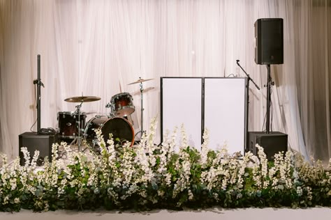 Dj Florals Wedding, Band Stage Wedding, Nikkah Setup, Stage Flowers, White Delphinium, Band Stage, Flower Moxie, Christmas Greens, Commitment Issues