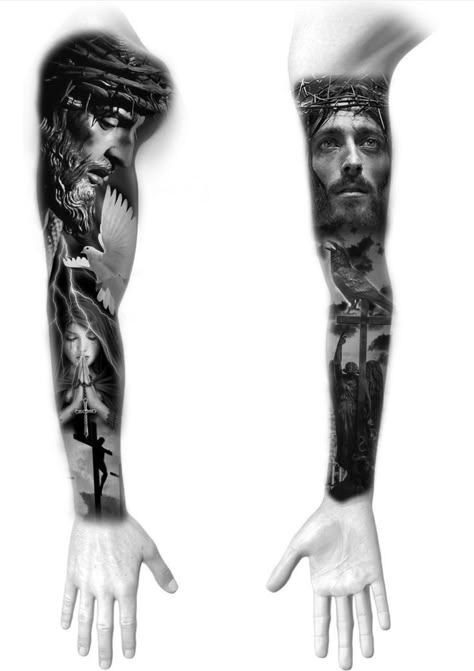 #fullarm #tattoo #realistic #jesus #christianity #jesustattoo Mentality Tattoo, Jesus On The Cross Tattoo, Jesus Sleeve Tattoo, Arm Tattoo Realistic, Tattoo Jesus Cristo, Jesus Forearm Tattoo, Jesus Tattoo Sleeve, Religious Tattoo Sleeves, Religous Tattoo