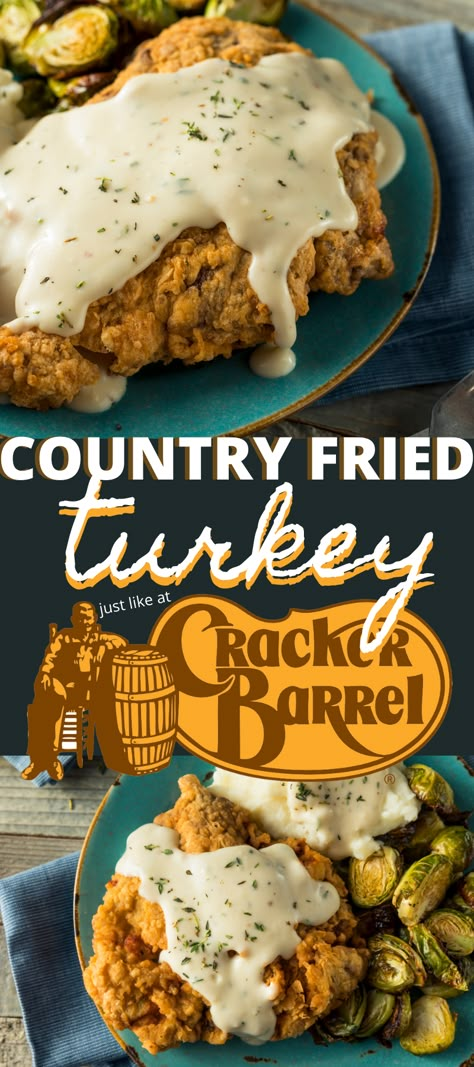 Country Fried Turkey Like Cracker Barrel - Making Frugal FUN Cracker Barrel Thanksgiving Dinner, Country Fried Turkey, Fried Turkey Cutlets Recipe, Cracker Barrel Gravy Recipe, Chicken Fried Turkey, Cracker Barrel Chicken Fried Steak, Copycat Restaurant Recipes Cracker Barrel, Cracker Barrel Recipes Copycat, Turkey Tenders Recipes