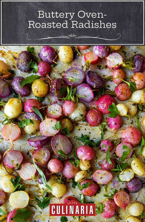 These oven roasted radishes with herb butter showcase crunchy, peppery spring radishes in the best possible way. They're roasted in the oven to mellow their bite, then smothered in herb compound butter for an easy, outstanding side dish. Best Vegetable Recipes, Roasted Radishes, Radish Recipes, Roasted Vegetable Recipes, Roasted Root Vegetables, Compound Butter, Herb Butter, Program Ideas, Roasted Butternut