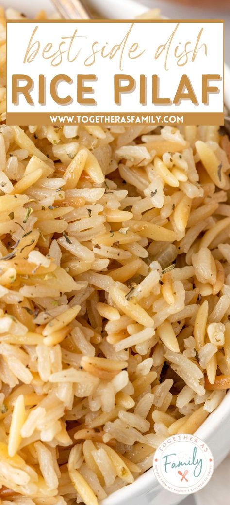 This simple Rice Pilaf is a classic rice side dish recipe with orzo pasta, long grain rice, onion, and garlic that cooks in seasoned chicken broth on the stove top. Simple flavors, easy ingredients, and one skillet pan is all you need. Rice And Orzo Pilaf, Orzo And Rice Recipes, Stovetop Rice Recipes, Rice With Almonds Recipes, Easy Rice Pilaf Recipe, Red Lobster Rice Pilaf Recipe, Orzo Rice Pilaf, Long Grain Rice Recipes Side Dishes, Rice Side Dishes For Steak