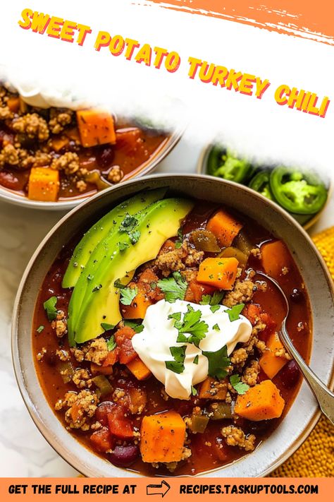 Warm up your kitchen with a bowl of Sweet Potato Turkey Chili, a hearty and nourishing dish perfect for any season. This recipe combines lean ground turkey with the rich sweetness of sweet potatoes and a medley of spices for an irresistible blend of flavors. Perfect for meal prep, family dinners, or cozy nights in, this chili is both delicious and nutritious. Get ready to explore an easy-to-make dish that will soon become a favorite in your recipe collection. Save this pin for step-by-step instructions and Ground Turkey With Sweet Potato Recipe, Sweet Potato And Turkey Chili, Ground Turkey Sweet Potato Chili, Meal Prep Family Dinners, Meal Prep Family, Ground Turkey Sweet Potato, Turkey Sweet Potato Chili, Sweet Potato Chilli, Sweet Potato Chili Recipe