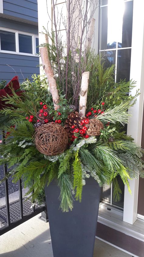 Outdoor Planters | Calgary | Your Space By Design Outdoor Holiday Planters, Christmas Urns, Outdoor Christmas Planters, Holiday Planter, Outside Christmas Decorations, Winter Planter, Christmas Pots, Winter Porch, Christmas Planters