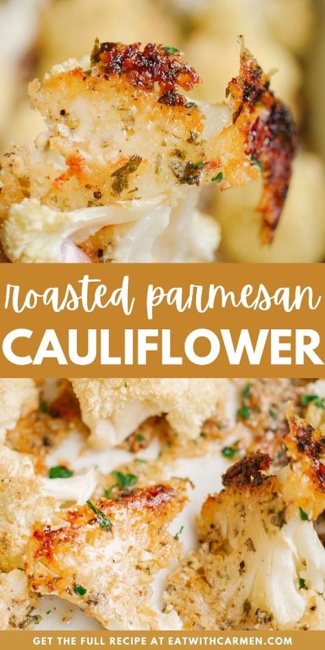 Roasted Parmesan Crusted Cauliflower Recipe: Savory roasted cauliflower with a delicious Parmesan crust. Perfect as a side dish or snack. Baked Califlour Parmesan, Crispy Parmesan Roasted Cauliflower, Oven Baked Cauliflower Recipes, Baked Cauliflower Head, Air Fryer Cauliflower Recipes, Parmesan Crusted Cauliflower, Roasted Cauliflower And Chicken, Cauliflower In Air Fryer, Crispy Parmesan Cauliflower