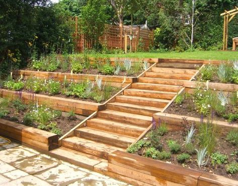 #garden #gardens #gardening #gardenideas Sloped Backyard Landscaping, Landscaping On A Hill, Hillside Garden, Sloped Backyard, Hillside Landscaping, Backyard Vegetable Gardens, Sloped Garden, Garden Steps, Cottage Gardens