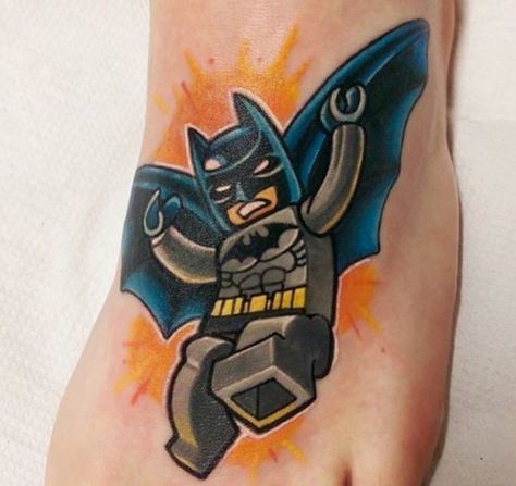 Batman lego tattoo Lego Batman Tattoo, Lego Tattoo Ideas, Batman Tattoo Ideas, Superhero Tattoos, Lego Tattoo, Superman Tattoos, Pop Culture Tattoos, Lego Stickers, Culture Tattoos