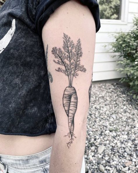 #carrot #tattoo #carrottattoo #sexycarrot #femmecarrot #legs #produce #blackworktattoo Carrot Tattoo, Vegetable Tattoo, Tattoo Pierna, Food Tattoos, Stick N Poke, Plant Tattoo, Stick And Poke, Leg Sleeves, Tattoo Design Drawings