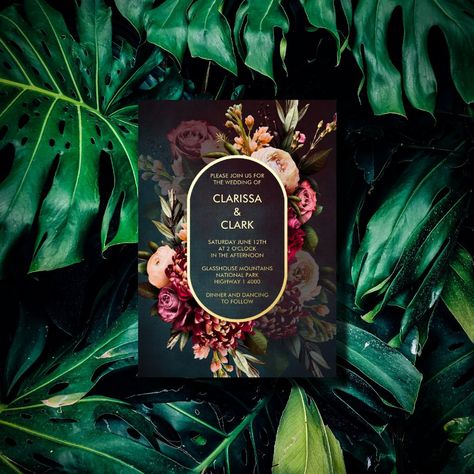 Dark moody bold floral marsala wedding foil invitation. Moody Fall Wedding Invitations, Gem Tones Wedding, Moody Wedding Save The Date, Moody Forest Wedding Invitations, Moody Wedding Invitation Suite, Moody Floral Wedding Invitations, Moody Wedding Invitations, Bold Wedding Invitations, Dark Romantic Wedding