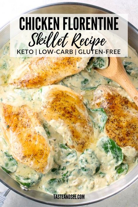 This 30-minute Chicken Florentine Skillet is loaded with so much creaminess and delicious flavor, plus it's low-carb, keto-friendly, and gluten-free! Perfectly sautéed chicken breasts nestled in a creamy cheesy wine sauce with fresh spinach. #TasteAndSee Chicken Spinach Healthy, Healthy Chicken Florentine Recipe, Chicken And Spinach Keto Recipes, Low Carb Chicken And Spinach Recipes, Spinach With Chicken Recipes, Healthy Chicken Florentine, Sauteed Spinach And Chicken, Keto With Spinach, Keto Fresh Spinach Recipes