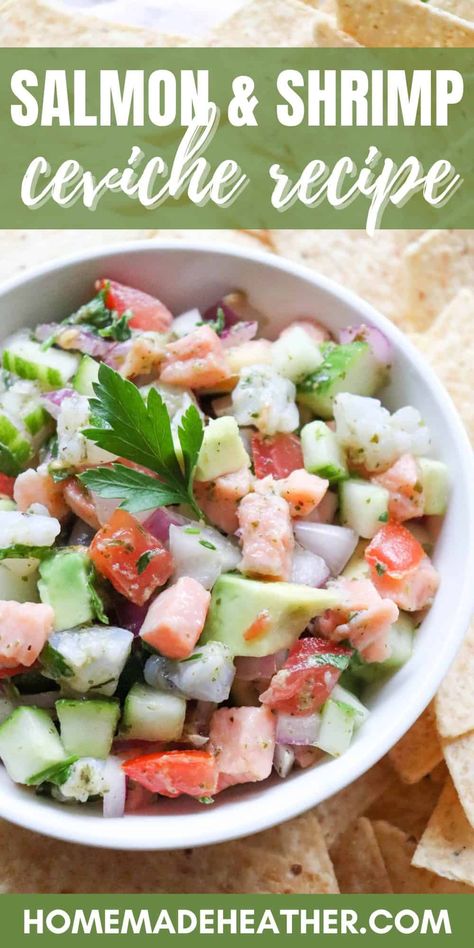 This easy shrimp ceviche recipe is the best ceviche that you have ever had! The addition of fresh caught salmon makes this recipe amazing. Salmon Ceviche Recipe, Easy Shrimp Ceviche Recipe, Easy Shrimp Ceviche, Salmon Ceviche, Best Salsa Recipe, Shrimp Ceviche Recipe, Best Salmon, Mango Salsa Recipes, Salmon And Shrimp