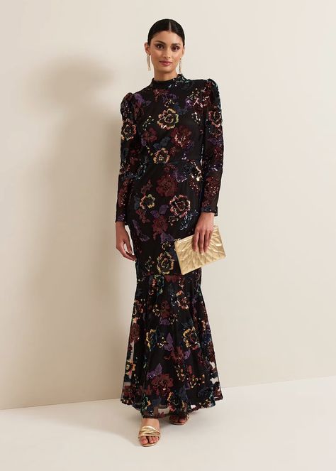 Lelo Sequin Long Sleeved Maxi Dress | Phase Eight UK | Petite Party Dress, Sleeved Maxi Dress, Moody Florals, Partywear Dresses, Sequin Outfit, Velvet Clothes, Christmas Party Outfits, Evening Dress Fashion, Black Evening Dresses