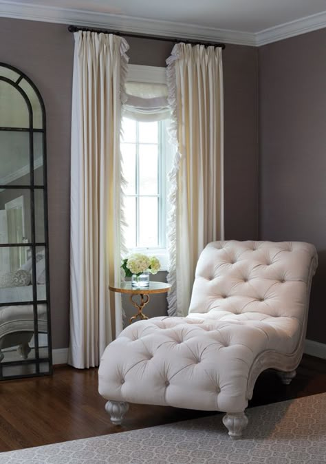 In the corner, a #chaise from Tuscany Designs in Frederick, Maryland French Chaise Lounge, Bedroom Reading Corner, Transitional Bedroom, Elegant Bedroom, Chaise Lounges, Reading Corner, Master Bed, Master Bedrooms Decor, Chaise Lounge Chair