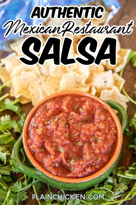 Superior Grill Salsa – the salsa recipe from my favorite Mexican restaurant. So easy  tastes great. Tomatoes, pickled jalapenos, cilantro, onion, garlic, salt, and cumin. Makes a ton. Great for parties and all of your favorite Tex-Mex recipes. #salsa #restaurant #mexican Tostitos Salsa Recipe, Mexican Village Salsa Recipe, Resturant Salsa, Mexican Restaurant Salsa Recipe, Mexican Restaurant Salsa, Restaurant Salsa Recipe, Mild Salsa Recipe, Hot Salsa Recipes, Plain Chicken Recipe