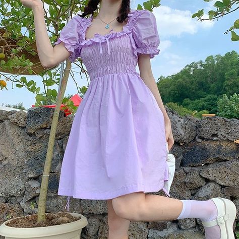 Moda Ulzzang, Purple Outfits, Short Summer Dresses, Kawaii Fashion Outfits, Kawaii Dress, Korean Fashion Dress, Puffed Sleeves Dress, Kawaii Fashion, Purple Dress