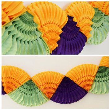 Double Fan Shaped Paper Garland (Mardi Gras)- 12 Ft Long: New Orleans Party, Paper Kitchen, Usa Holiday, Hawaiian Birthday Party, Unicorn Party Supplies, Banner Garland, Paper Fan, Mardi Gras Decorations, Party Garland