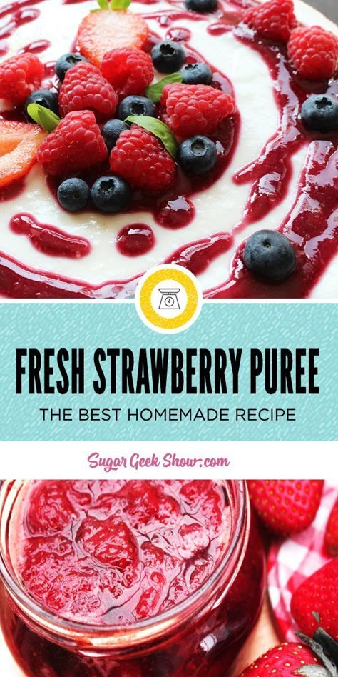 Freshly made strawberry puree always makes my mouth water! So easy to make and can be used for so many things from strawberry cake, strawberry buttercream and even a strawberry cake filling! Or you can just put it on a warm biscuit with some butter (guilty). You'll love this thick strawberry puree recipe! Fruit Puree Recipes Desserts, Strawberry Emulsion Recipe, Strawberry Puree Recipe For Cake, Strawberry Puree Recipe For Drinks, Strawberry Filling For Cake, Strawberry Puree Recipe, Dessert Fillings, Strawberry Reduction, Fruit Cake Filling