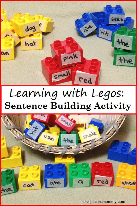 Learning with Legos: teach sentence structure with this simple sentence activity using Lego Duplo blocks; also work on parts of speech Types Of Buildings Preschool, Sentence Builder Activities, Simple Sentences Activities, Syntax Activities, Build Sentences, Colourful Semantics, Lego Learning, Building Sentences, Sentence Building Activities