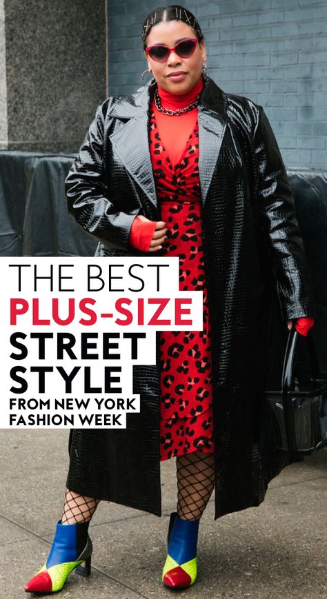 The Best Plus-Size Street Style From New York Fashion Week | At InStyle, we focus exclusively on plus-size street style during New York Fashion Week, because those outfit pairings — and the people wearing them — deserve a spotlight that's all their own. #streetstyle #womensfashion #plussize #plussizefashion Street Style Maximalism, Cool Street Fashion Plus Size, Plus Size Fashion Week Street Style, Leather Plus Size Outfits, All Black Outfits For Women Plus Size, Plus Size Street Style 2023, Plus Size Street Style Edgy, Plus Size Oversized Outfits, Trendy Plus Size Outfits Summer